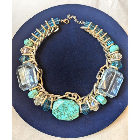 DESIGNER TURQUOISE LUCITE NECKLACE UNSIGNED WTH LG EMERALED CUT LUCITE A STUNNER - Picture 5 of 8